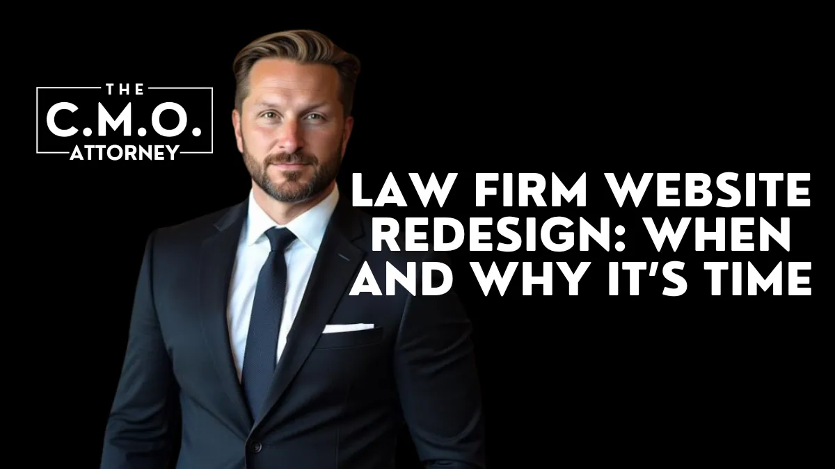 A robust law firm website redesign strategy isn’t optional—it’s essential. At The CMO Attorney, we’ve seen firsthand how outdated, clunky websites erode client trust, lower conversion rates, and diminish organic visibility. Your law firm’s website is more than a digital brochure—it’s your 24/7 advocate. If it doesn’t reflect your authority, credibility, and professionalism, it’s time for a redesign.